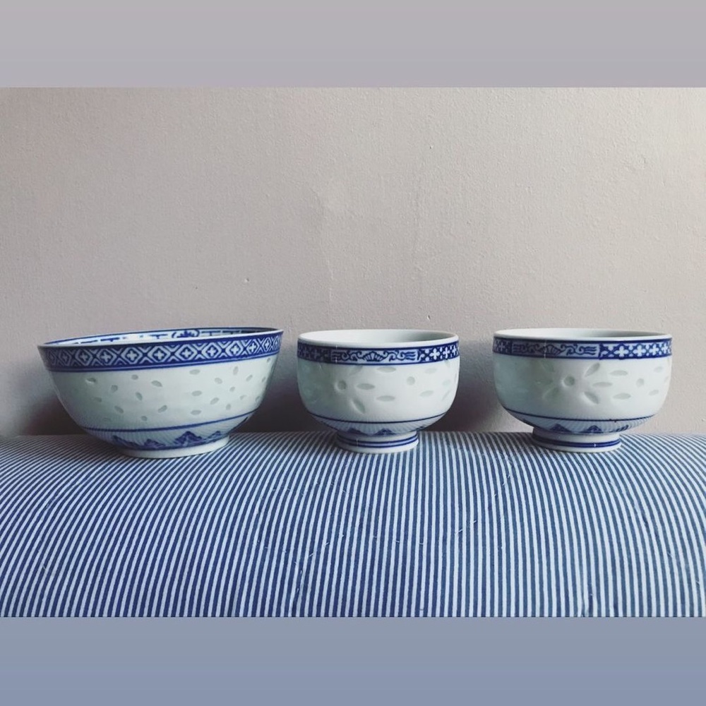 Blue and white Rice bowl and tea cups